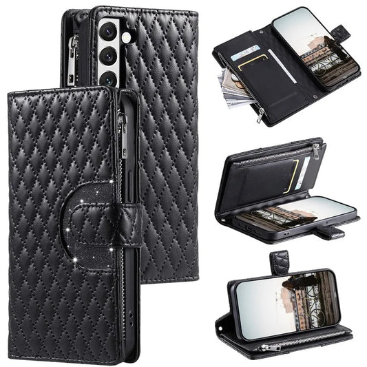 012 Style For Samsung Galaxy S22+ 5G Case Glitter Rhombus Pattern Anti-scratch Cover with Magnetic Closure