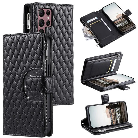 012 Style For Samsung Galaxy S24 Ultra Case Glitter Rhombus Shockproof Leather+TPU Phone Cover