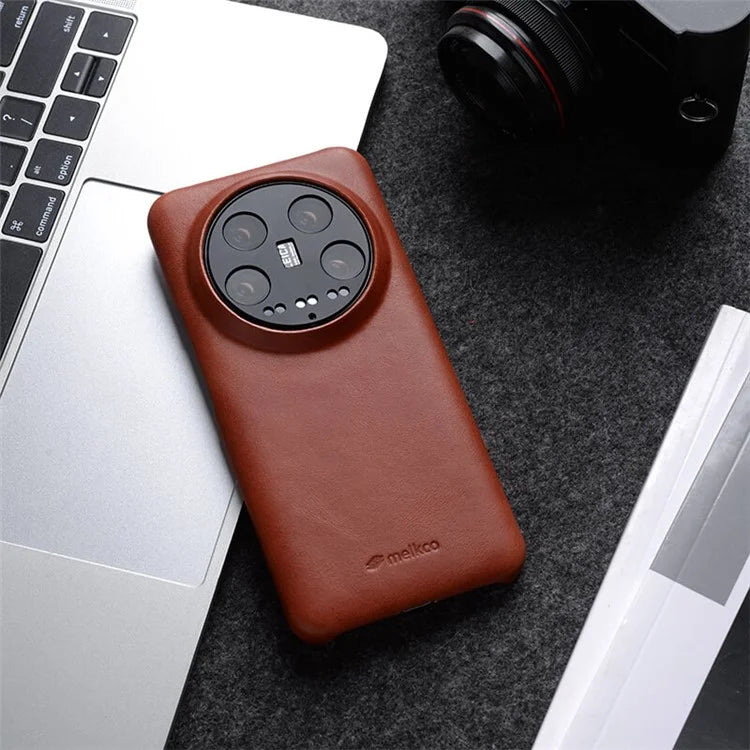 MELKCO For Xiaomi 14 Case Genuine Cow Leather Coated PC Incomplete Waxy Phone Cover
