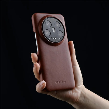 MELKCO For Xiaomi 14 Case Genuine Cow Leather Coated PC Incomplete Waxy Phone Cover