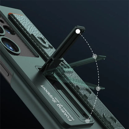 For Samsung Galaxy S22 Ultra 5G Case Fully Wrapped Leather+PC Phone Cover with Adjustable Kickstand