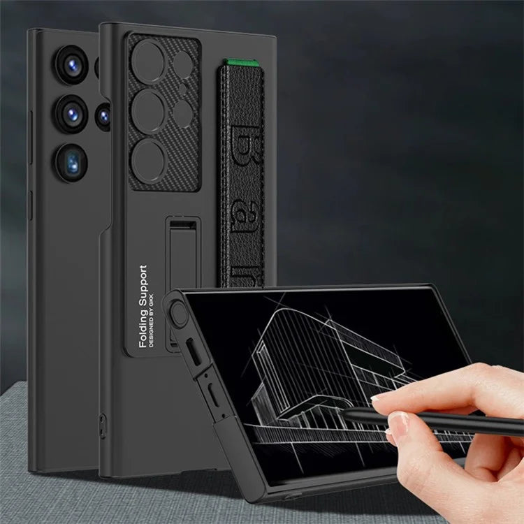 For Samsung Galaxy S22 Ultra 5G Case Fully Wrapped Leather+PC Phone Cover with Adjustable Kickstand