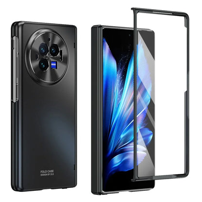 For vivo X Fold3 Case with Tempered Glass Screen Protector PU Leather Coated PC Phone Shell