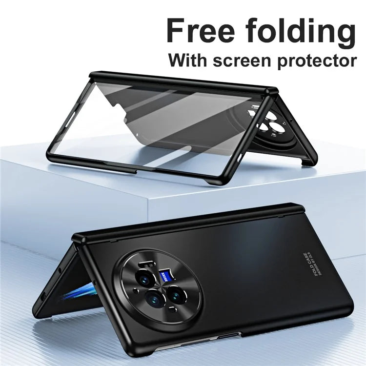 For vivo X Fold3 Case with Tempered Glass Screen Protector PU Leather Coated PC Phone Shell