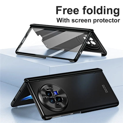 For vivo X Fold3 Case with Tempered Glass Screen Protector PU Leather Coated PC Phone Shell