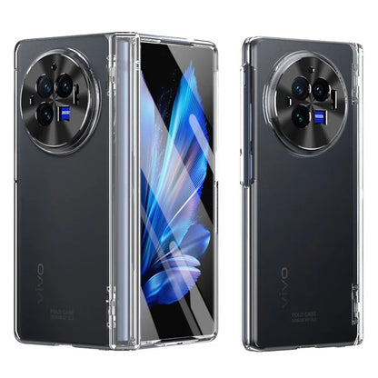 For vivo X Fold3 Case with Tempered Glass Screen Protector PU Leather Coated PC Phone Shell