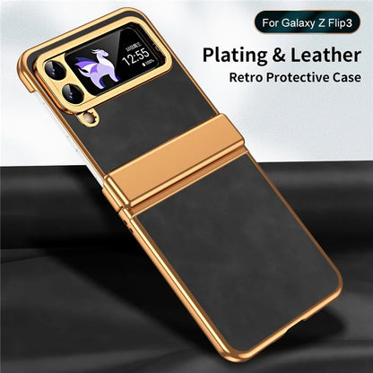 For Samsung Galaxy Z Flip3 5G Case Hinge Protection Leather Coated PC Folding Phone Cover