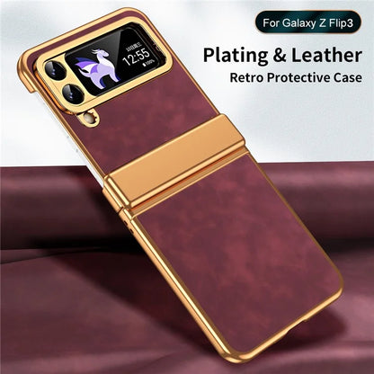 For Samsung Galaxy Z Flip3 5G Case Hinge Protection Leather Coated PC Folding Phone Cover
