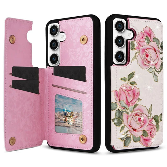 For Samsung Galaxy S23 FE Case Flower Leather Coated TPU Phone Cover with RFID Blocking Wallet Flower
