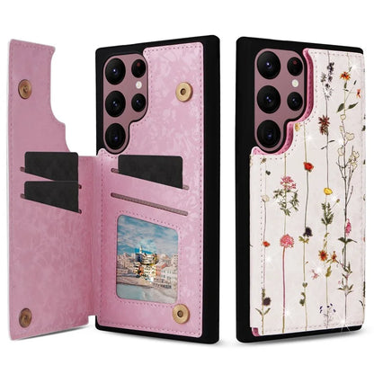 For Samsung Galaxy S22 Ultra 5G Phone Case Kickstand Flower Leather Coated TPU Cover