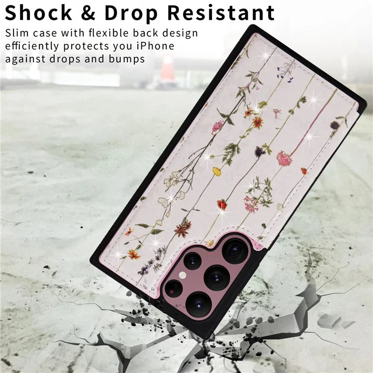 For Samsung Galaxy S22 Ultra 5G Phone Case Kickstand Flower Leather Coated TPU Cover