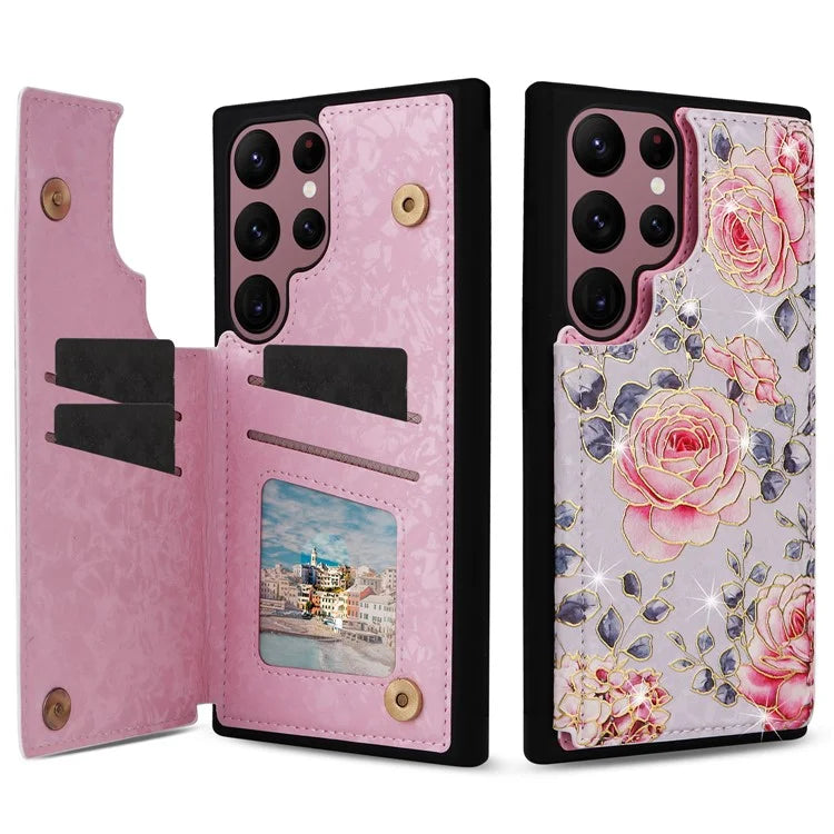 For Samsung Galaxy S22 Ultra 5G Phone Case Kickstand Flower Leather Coated TPU Cover
