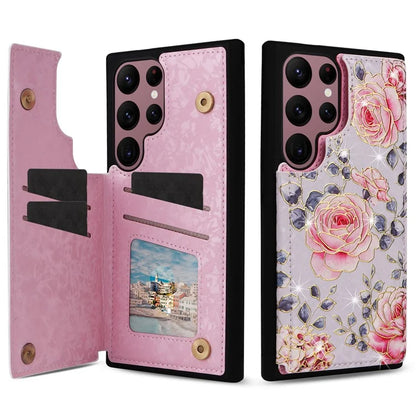 For Samsung Galaxy S22 Ultra 5G Phone Case Kickstand Flower Leather Coated TPU Cover