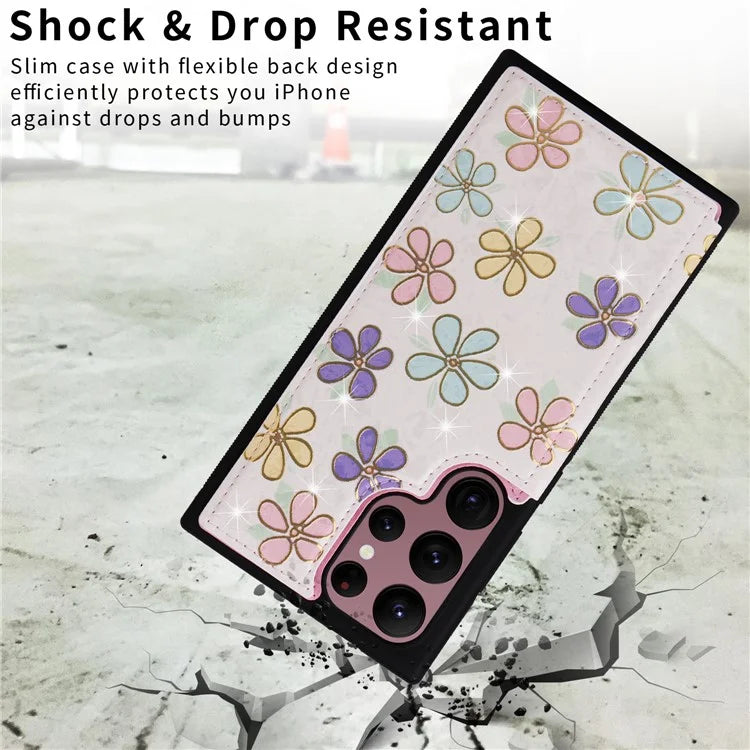 For Samsung Galaxy S22 Ultra 5G Phone Case Kickstand Flower Leather Coated TPU Cover