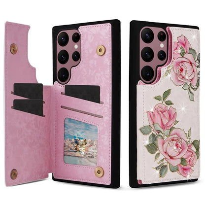 For Samsung Galaxy S22 Ultra 5G Phone Case Kickstand Flower Leather Coated TPU Cover Flower