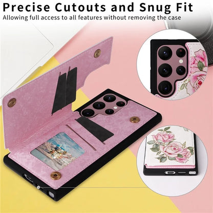 For Samsung Galaxy S22 Ultra 5G Phone Case Kickstand Flower Leather Coated TPU Cover Flower