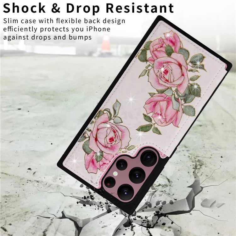 For Samsung Galaxy S22 Ultra 5G Phone Case Kickstand Flower Leather Coated TPU Cover Flower