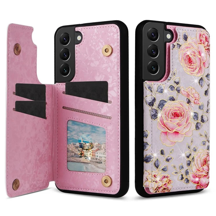 For Samsung Galaxy S22+ 5G Phone Case Card Slots Kickstand Flower PU Leather+TPU Phone Cover