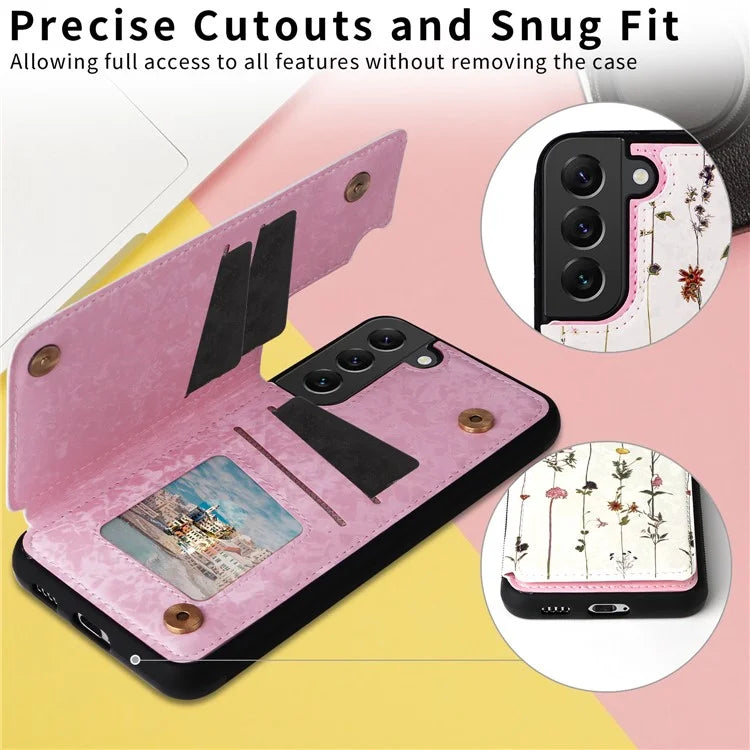 For Samsung Galaxy S22+ 5G Phone Case Card Slots Kickstand Flower PU Leather+TPU Phone Cover