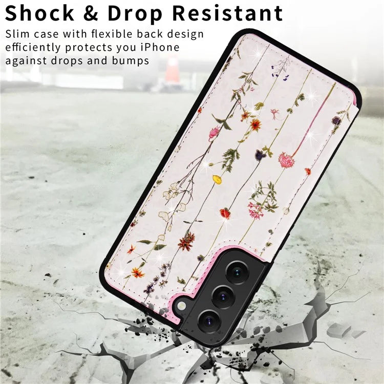 For Samsung Galaxy S22+ 5G Phone Case Card Slots Kickstand Flower PU Leather+TPU Phone Cover