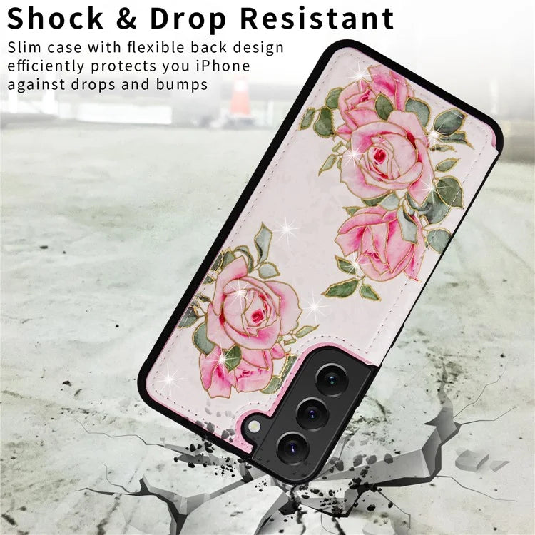 For Samsung Galaxy S22+ 5G Phone Case Card Slots Kickstand Flower PU Leather+TPU Phone Cover Flower