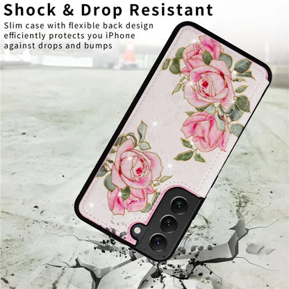 For Samsung Galaxy S22+ 5G Phone Case Card Slots Kickstand Flower PU Leather+TPU Phone Cover Flower
