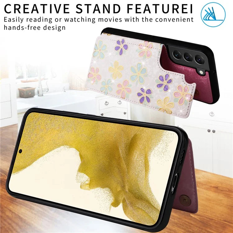 For Samsung Galaxy S22+ 5G Phone Case Card Slots Kickstand Flower PU Leather+TPU Phone Cover