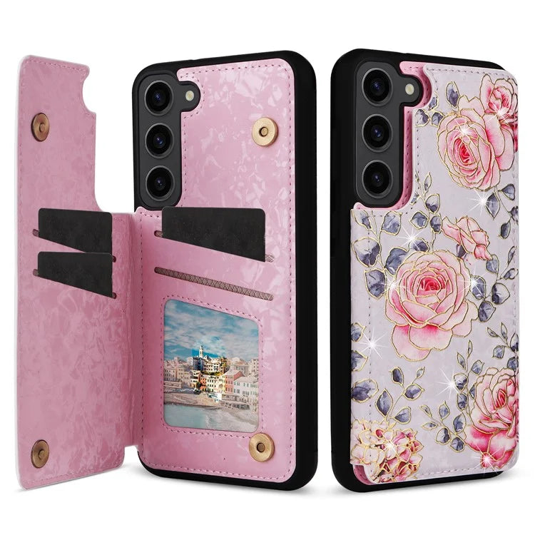 For Samsung Galaxy S23 Case Pattern Printing Kickstand Card Slots Phone Back Shell