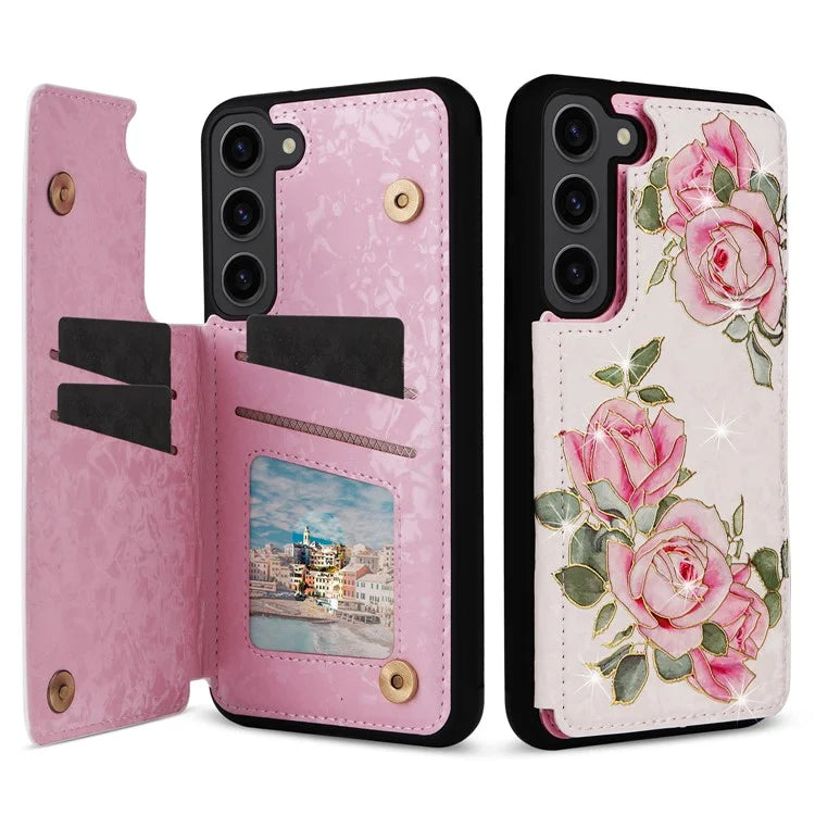 For Samsung Galaxy S23 Case Pattern Printing Kickstand Card Slots Phone Back Shell Flower