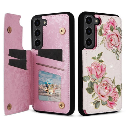 For Samsung Galaxy S23 Case Pattern Printing Kickstand Card Slots Phone Back Shell Flower