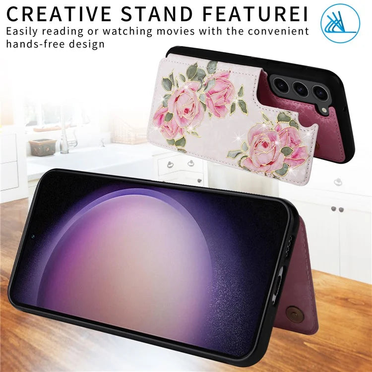 For Samsung Galaxy S23 Case Pattern Printing Kickstand Card Slots Phone Back Shell Flower