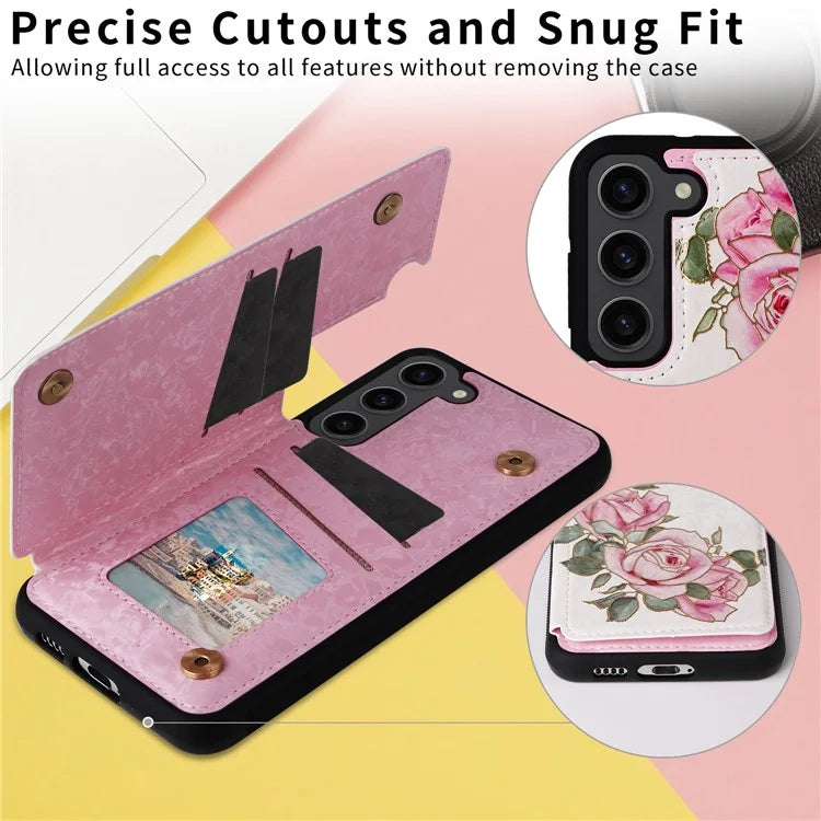For Samsung Galaxy S23 Case Pattern Printing Kickstand Card Slots Phone Back Shell Flower