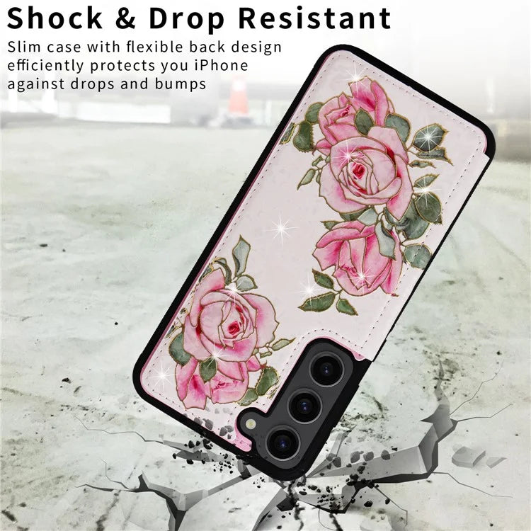 For Samsung Galaxy S23 Case Pattern Printing Kickstand Card Slots Phone Back Shell Flower