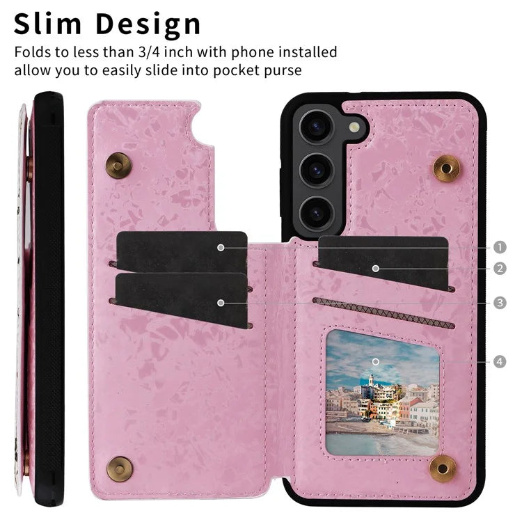 For Samsung Galaxy S23 Case Pattern Printing Kickstand Card Slots Phone Back Shell Flower