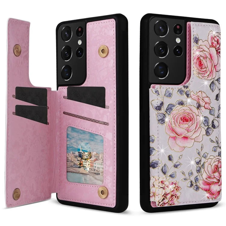 For Samsung Galaxy S21 Ultra 5G Card Slots Kickstand RFID Blocking Cell Phone Case PU Leather+TPU Cover