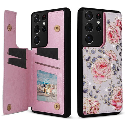 For Samsung Galaxy S21 Ultra 5G Card Slots Kickstand RFID Blocking Cell Phone Case PU Leather+TPU Cover
