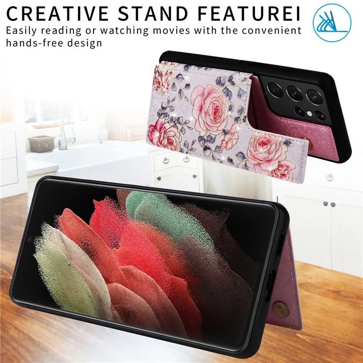 For Samsung Galaxy S21 Ultra 5G Card Slots Kickstand RFID Blocking Cell Phone Case PU Leather+TPU Cover
