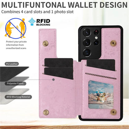 For Samsung Galaxy S21 Ultra 5G Card Slots Kickstand RFID Blocking Cell Phone Case PU Leather+TPU Cover