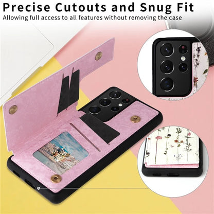 For Samsung Galaxy S21 Ultra 5G Card Slots Kickstand RFID Blocking Cell Phone Case PU Leather+TPU Cover