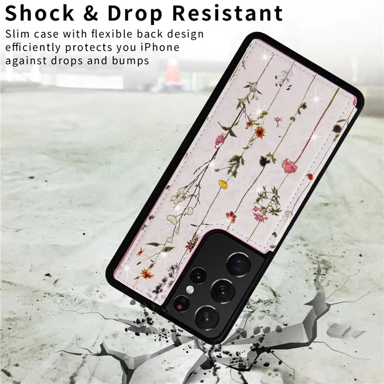 For Samsung Galaxy S21 Ultra 5G Card Slots Kickstand RFID Blocking Cell Phone Case PU Leather+TPU Cover