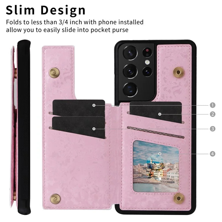 For Samsung Galaxy S21 Ultra 5G Card Slots Kickstand RFID Blocking Cell Phone Case PU Leather+TPU Cover