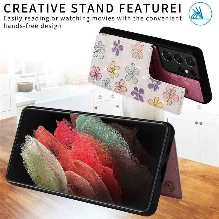 For Samsung Galaxy S21 Ultra 5G Card Slots Kickstand RFID Blocking Cell Phone Case PU Leather+TPU Cover