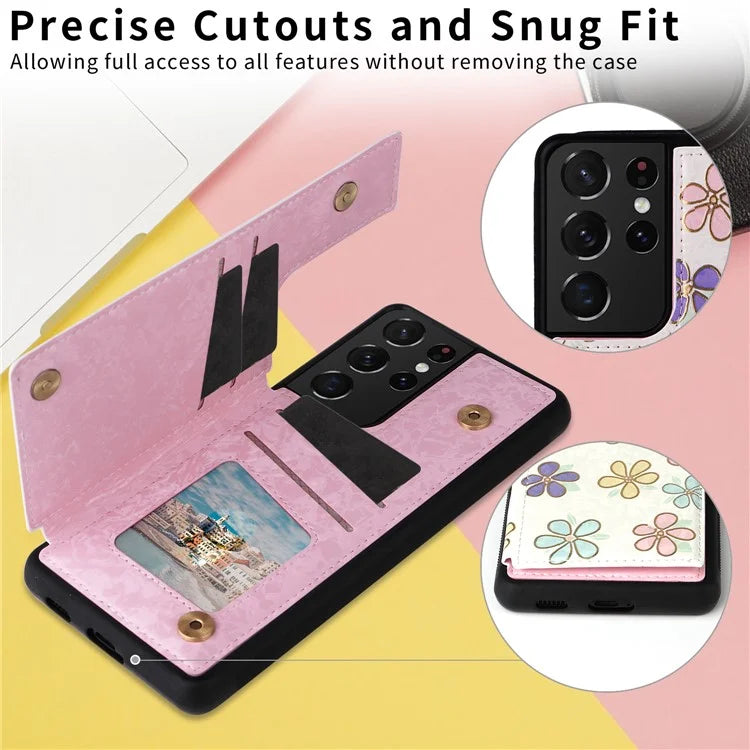 For Samsung Galaxy S21 Ultra 5G Card Slots Kickstand RFID Blocking Cell Phone Case PU Leather+TPU Cover
