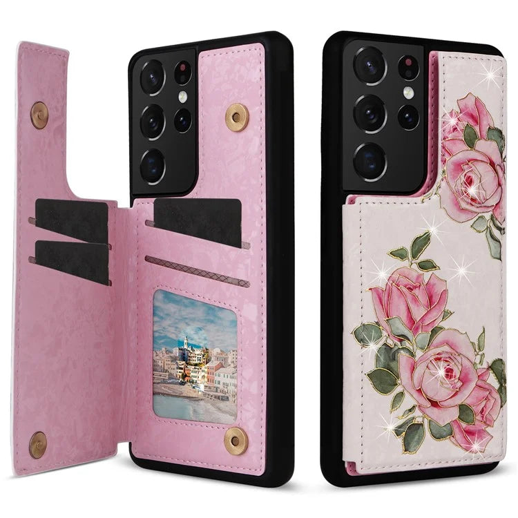 For Samsung Galaxy S21 Ultra 5G Card Slots Kickstand RFID Blocking Cell Phone Case PU Leather+TPU Cover Flower
