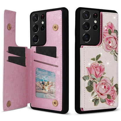 For Samsung Galaxy S21 Ultra 5G Card Slots Kickstand RFID Blocking Cell Phone Case PU Leather+TPU Cover Flower