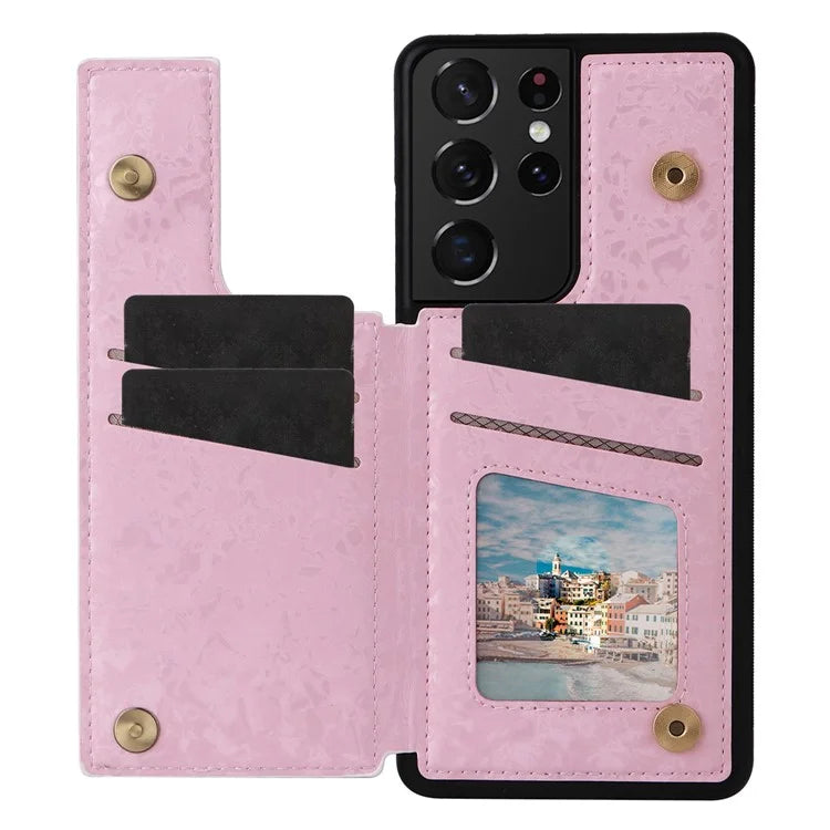 For Samsung Galaxy S21 Ultra 5G Card Slots Kickstand RFID Blocking Cell Phone Case PU Leather+TPU Cover Flower