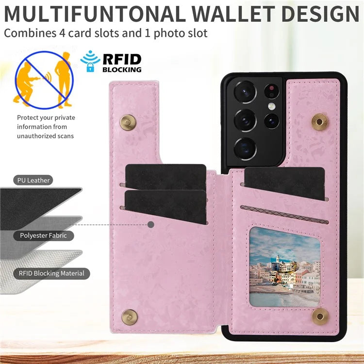 For Samsung Galaxy S21 Ultra 5G Card Slots Kickstand RFID Blocking Cell Phone Case PU Leather+TPU Cover Flower