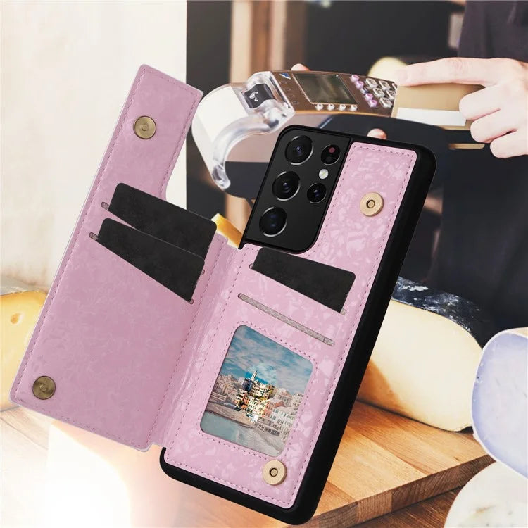For Samsung Galaxy S21 Ultra 5G Card Slots Kickstand RFID Blocking Cell Phone Case PU Leather+TPU Cover Flower