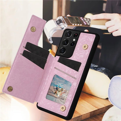 For Samsung Galaxy S21 Ultra 5G Card Slots Kickstand RFID Blocking Cell Phone Case PU Leather+TPU Cover Flower
