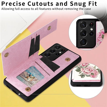 For Samsung Galaxy S21 Ultra 5G Card Slots Kickstand RFID Blocking Cell Phone Case PU Leather+TPU Cover Flower